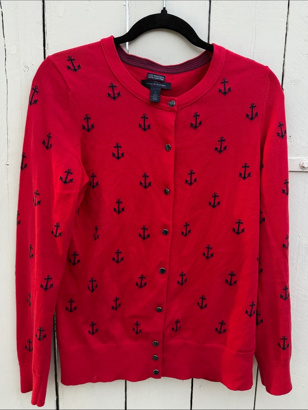 Tommy Hilfiger 100% Pima Cotton Red Cardigan with Navy Anchor Motif